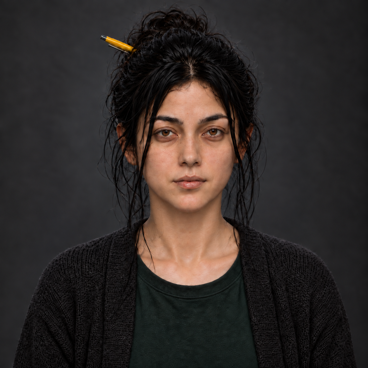 Leah as an adult, with dark hair in a pencil-held bun, a green shirt, and a black cardigan.