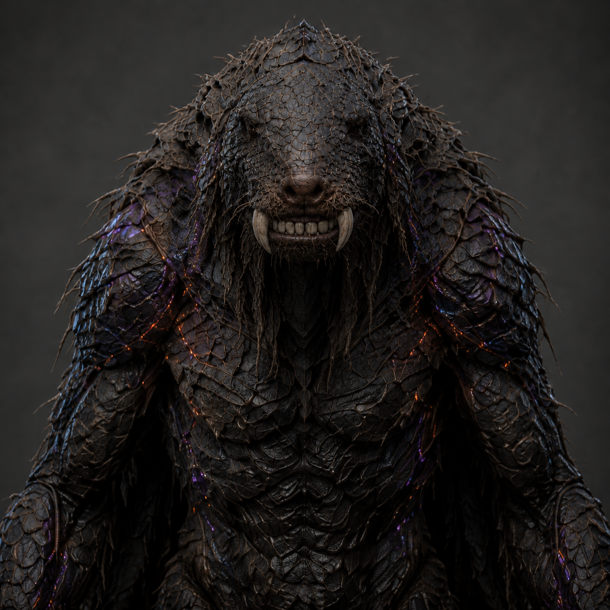 The Supreme Vool, with a dark scaled face, a coarse biological mantle, and restrained red, blue, and violet accents.