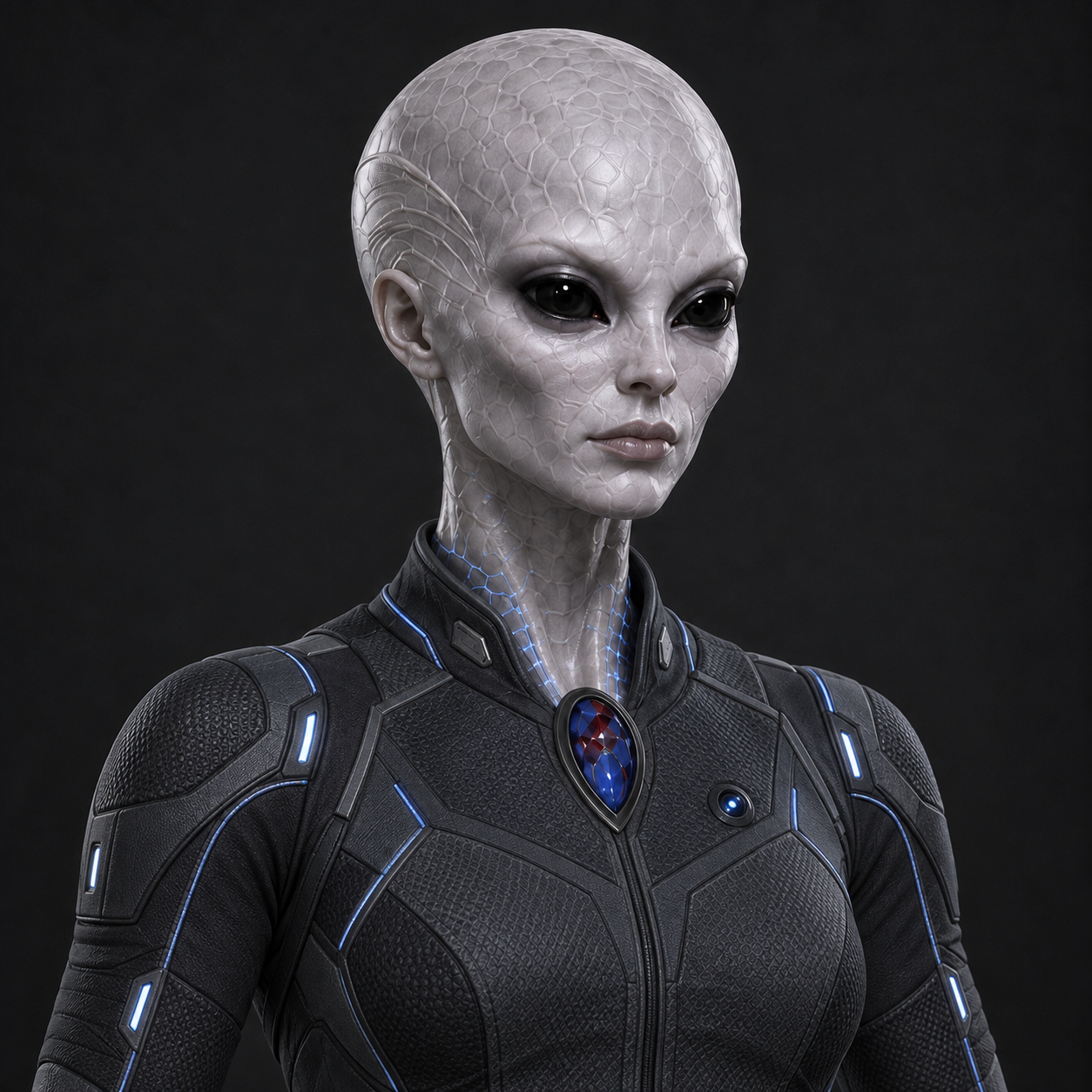Zevra, a Zorthanian scientist with pale crystalline-patterned skin, dark eyes, and a charcoal garment.