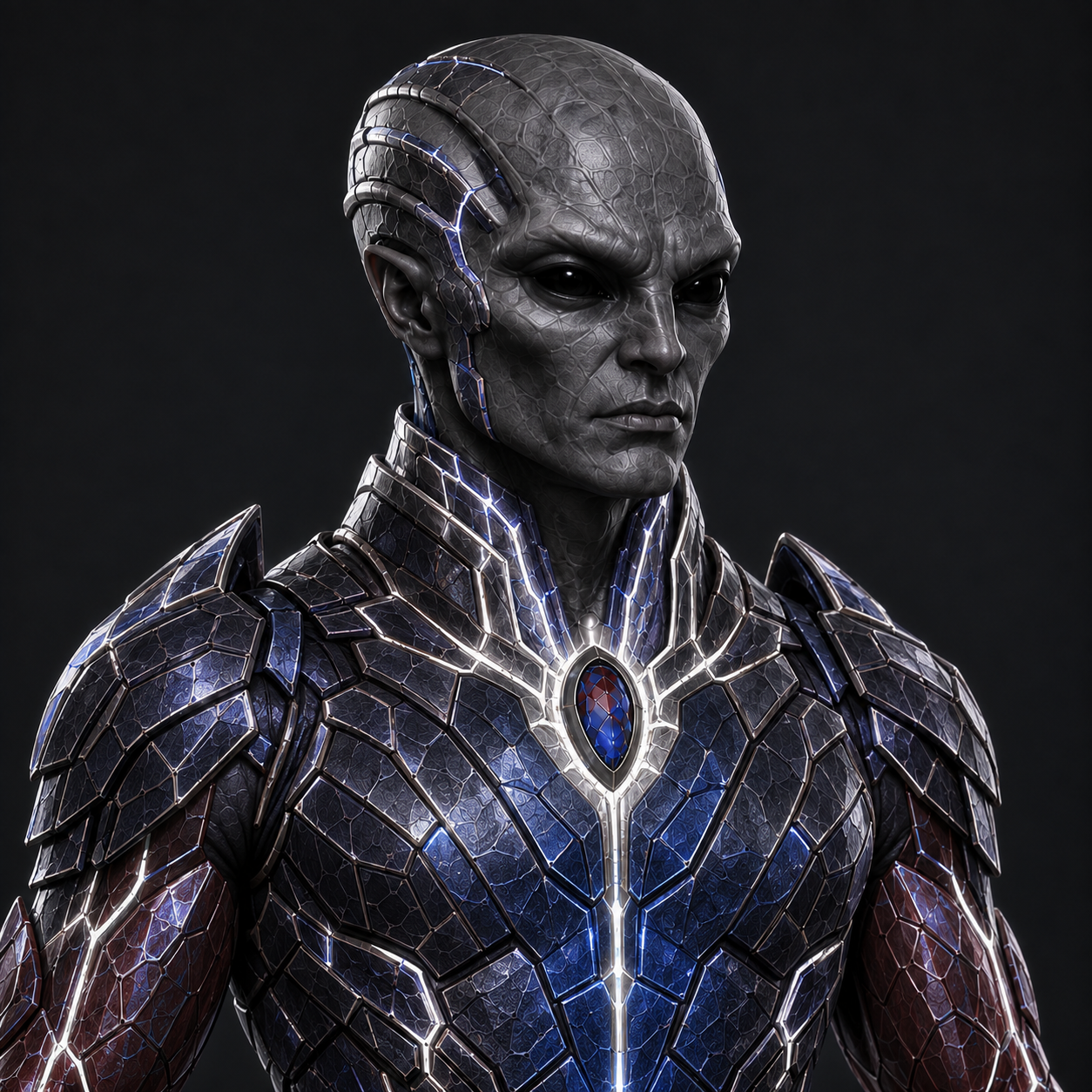 Zhaarek in unarmored command attire, with graphite-gray skin, fully black eyes, swept-back head ridges, and a small throat ornament.