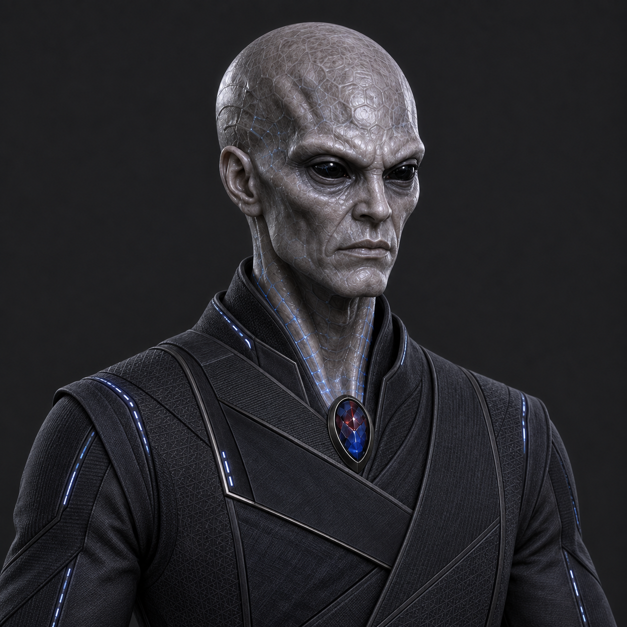 Zorren, an elder Zorthanian with an angular face, pale crystalline-patterned skin, and dark eyes.